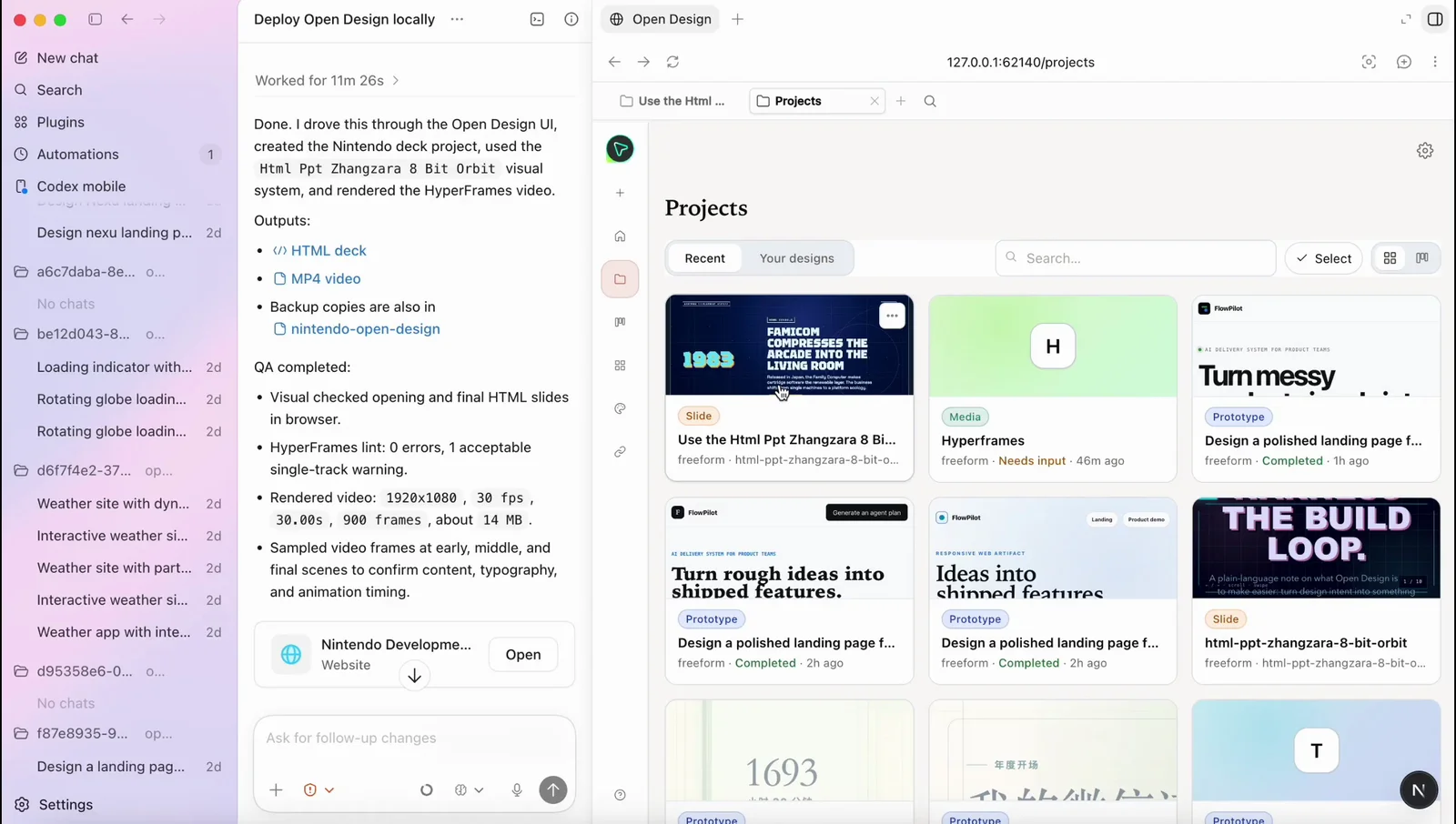 The Open Design Projects gallery showing multiple real generated artifacts, slide decks, landing pages, and a rendered video.