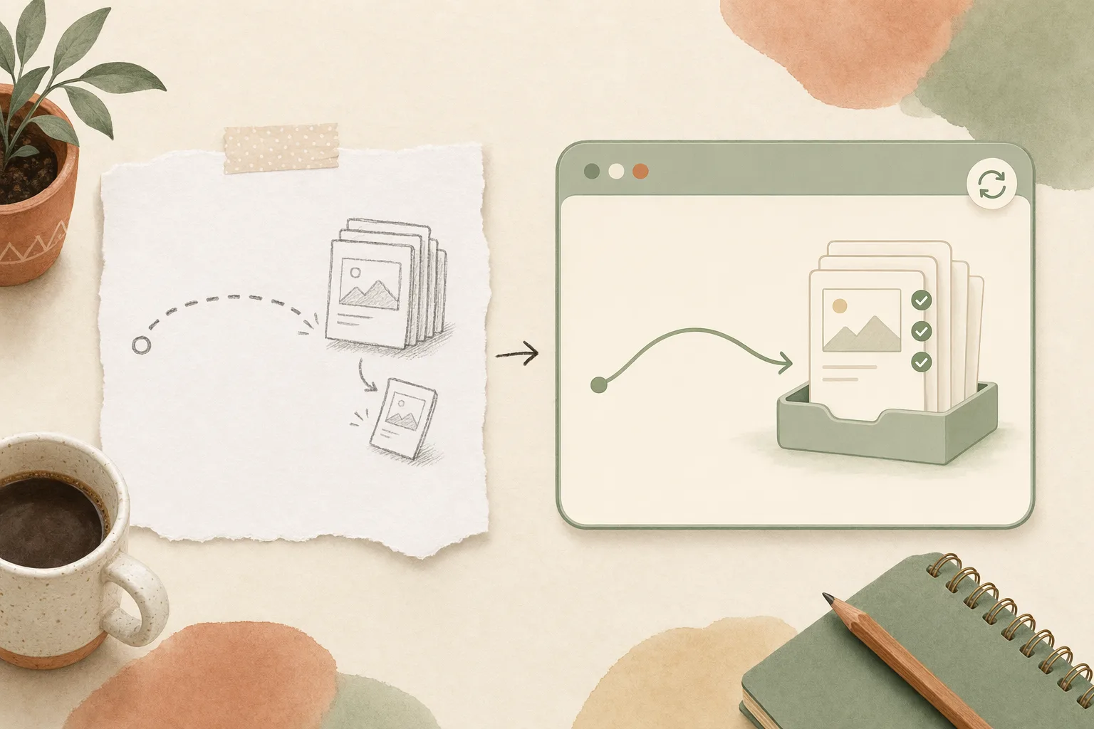 A warm editorial illustration of a hand-drawn delivery sketch with a broken handoff line becoming a calm sage-green workspace handing a finished deliverable along an unbroken line, on a near-white paper desk with soft plants and a coffee mug