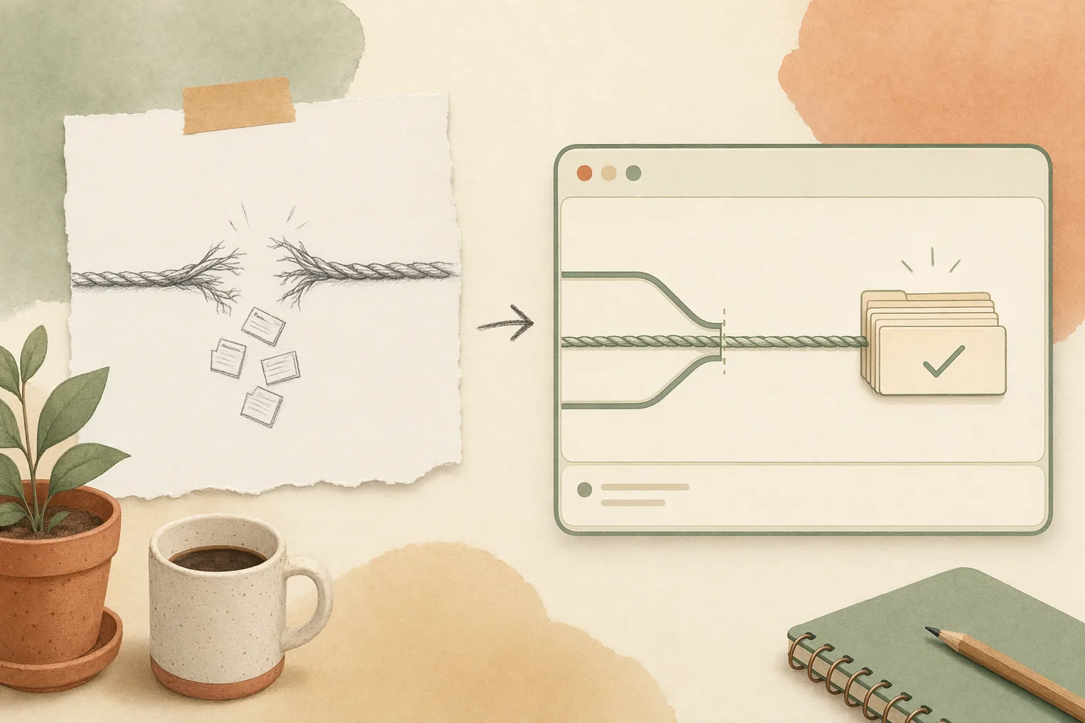 A long unbroken thread carrying a stack of generated file cards past a narrowing gate and arriving intact in a calm sage-green interface, in a warm editorial illustration