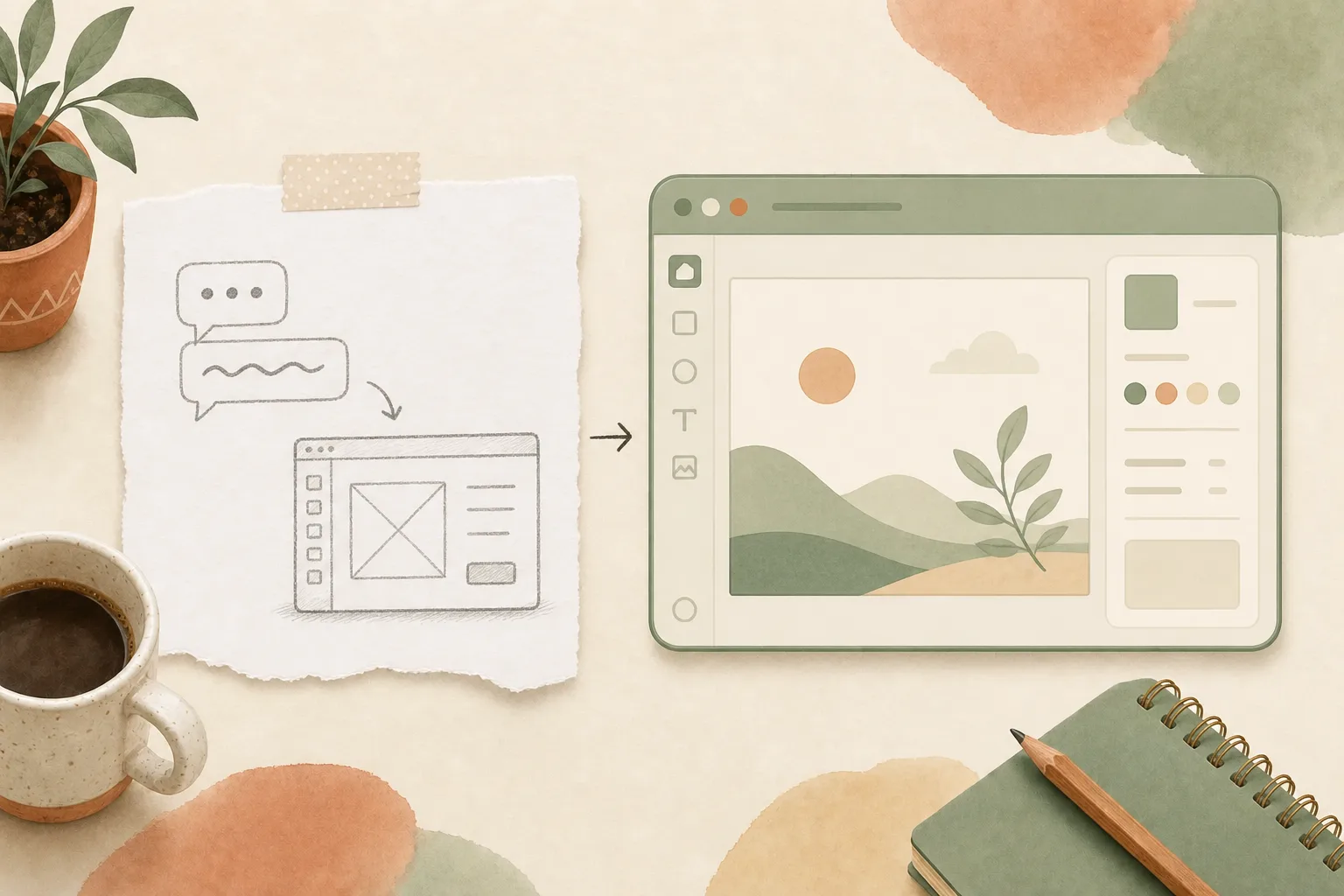 A warm editorial illustration of hand-drawn Codex conversation bubbles and a rough interface sketch becoming a calm sage-green editable design workspace, on a cream paper desk with a plant, coffee mug, notebook, and pencil