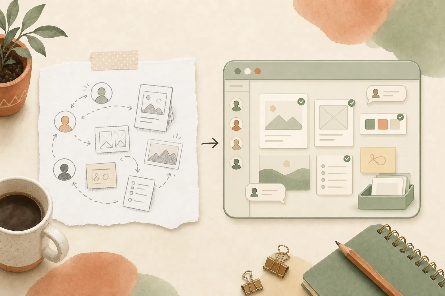 A warm editorial illustration of hand-drawn collaborator marks and rough design fragments becoming a calm sage-green shared workspace with organized project cards, comments, and completed artifacts, on a cream paper desk with a plant, coffee mug, notebook, pencil, and binder clips