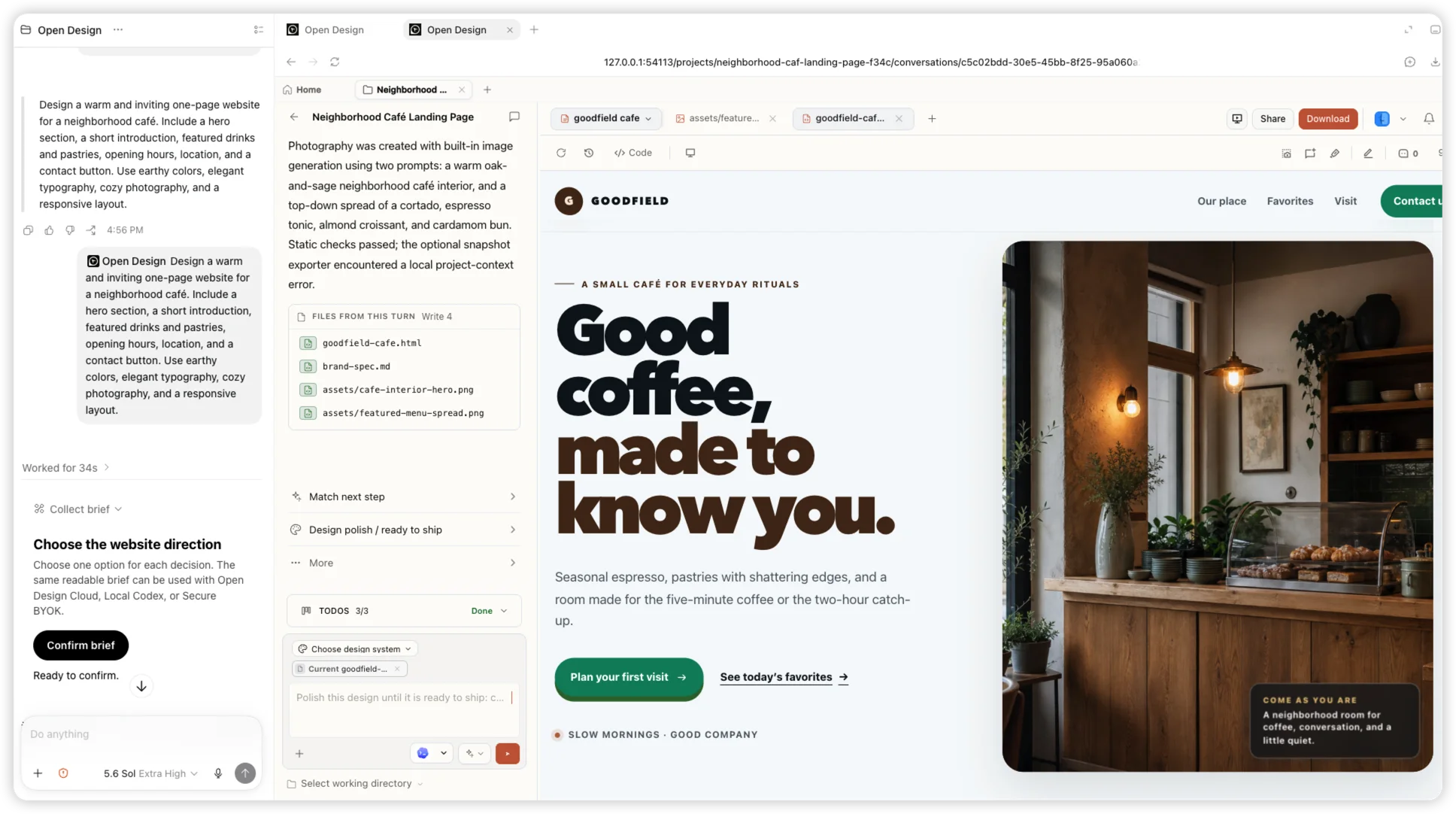 Eine echte Codex-Aufgabe mit dem Open Design Plugin neben der fertigen Goodfield-Café-Website