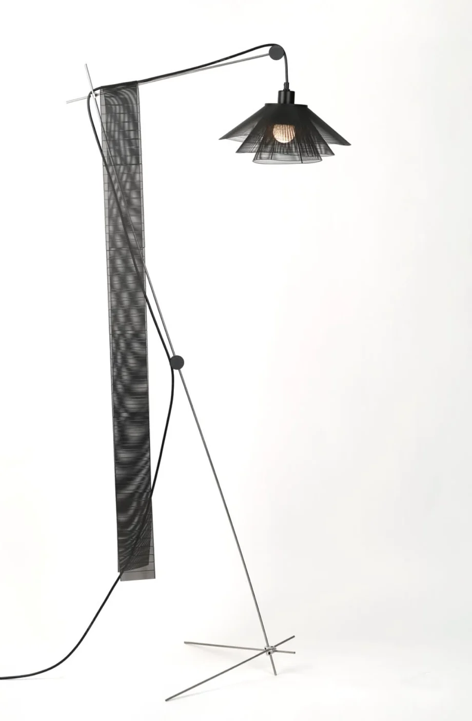 FABOR's Moiré Lamp: Cantilever — a 3D-print-fabric floor lamp on a stainless steel frame by Seungki Kim